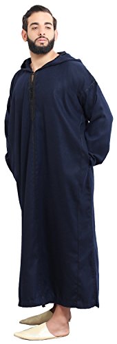 Moroccan Men Djellaba Handmade Winter Cotton Delicate Embroidery Navy Large to X-large
