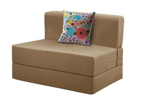 Image of Rosebell - One Seater Sofa Cum Bed, Foldable Sofa Bed 3 X 6 Feet, Jute Fabric- Washable Cover- Including 1 Cushion Perfect for Home & Office - Golden-Color