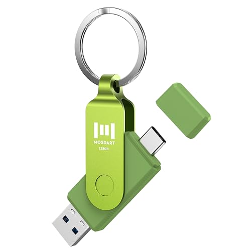 MOSDART 128GB USB3.1 Fast Speed C and A Dual Flash Drive, exFAT Memory Stick with Keychain and LED Indicator, for iPhone 15 and 16, Android Phone, iPad, MacBook, and Other Laptops, Green
