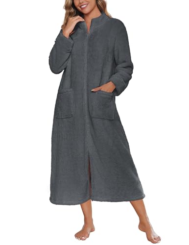 Image of Ekouaer Women Zipper Robe Fleece Long Sleeves Bathrobe Sleepwear Warm Soft Housecoat with Pockets Zip Up House Dresses