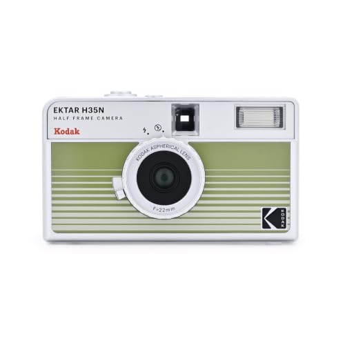 Image of Kodak EKTAR H35N Half Frame Film Camera, 35mm, Reusable, Focus-Free, Bulb Function, Built-in Star Filter, Coated Improved Lens (Film & AAA Battery are not Included) (Striped Green) | Coated Glass 22mm Lens, Focus-Free, Bulb Mode, Aaa for Flash