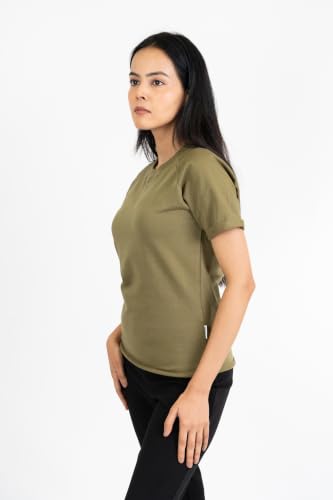 Image of Women French Terry Raglan Crew Neck | 100% Cotton Stylish Casual Comfortable Regular Fit Solid Half Sleeves Round Neck T-Shirt for Women