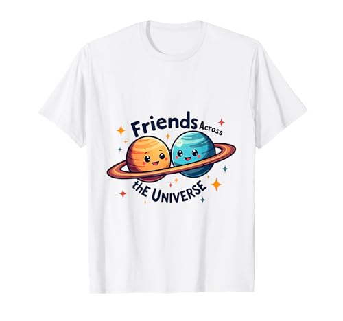Cartoon glückliche Planeten mit Ring und Sternen im ganzen Universum T-Shirt