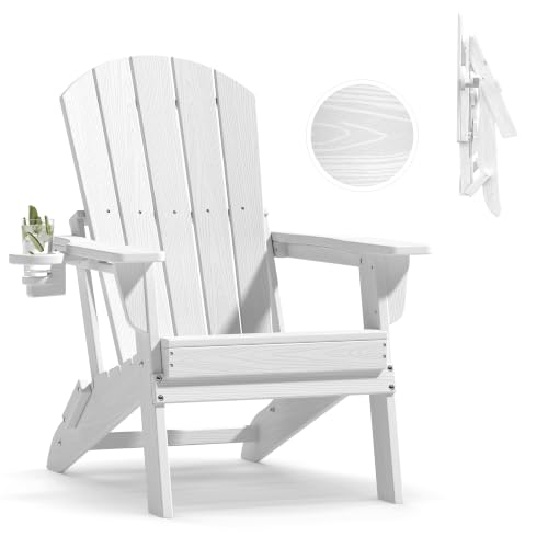 Image of Plawdlik Folding Adirondack Chair, SGS Tested, Wooden Textured with Cup Holder, Heavy All-Weather HDPE Comfortable Set Poolside Backyard Lawn White
