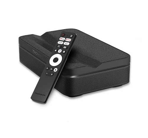 Thomson Sirius PG55B Proiettore Laser Smart Portatile con Google TV, Batteria Integrata, Ultra Short Throw, 600 ANSI Lumen, HDR10+, Dolby Audio, Autofocus, Wi-Fi, Bluetooth – Nero