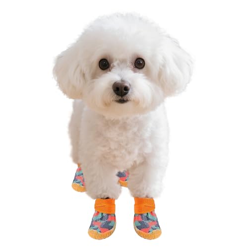 Kukaster Pet Hundeschuhe Pfotenschutz, 4 Stück atmungsaktive Hundeschuhe mit Rutschfester Sohle reflektierendem Klettverschluss Hundestiefel für kleine, mittlere, große Hunde, Orange Tarnung Size 4