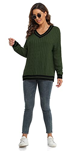 Viishow Women's Long Sweater V Neck Knit Tunic Sweater Tops,Contrast Army Green,Xx-Large #TOP3