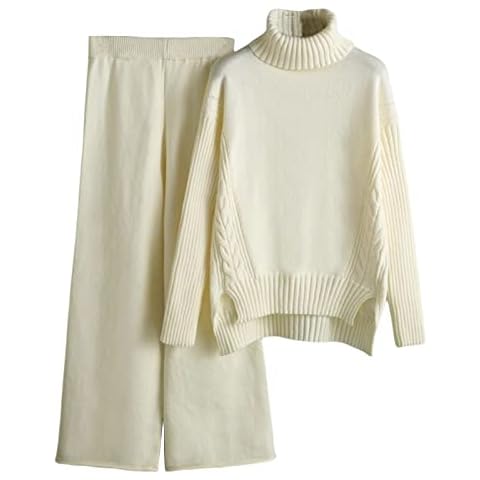 Yimoon Women's 2 Piece Outfits Knit Sweatsuit Turtleneck Sweater Top Wide Leg Pants, Beige, Small Cover