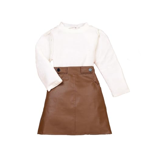 HIKUJ Baby girls Little Toddler Long Sleeve T-Shirt Tops Leather PU A-Line Pleated Skirt 2Pcs Clothing Set for kids wear