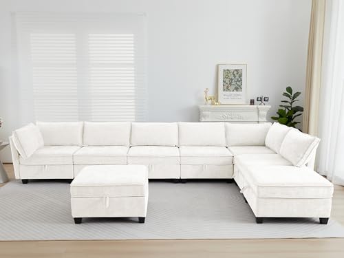 Image of ORRD Oversized Modular Sectional Sofa Set, Convertible U Shaped Couch with Storage, 8 Seater Sofa Modular with Ottomans and Reversible Chaise for Living Room, Office (Beige)
