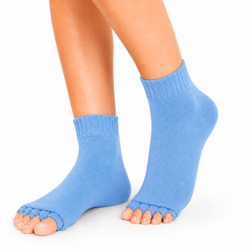 Image of Foot Alignment Orthopedic Cotton Socks for Men & Women | Five Toe Separator | Foot Pain Relief | Bunion Corrector | Plantar Fasciitis Support | Improves Posture & Flexibility | Free Size | Sky Blue | 1 Pair