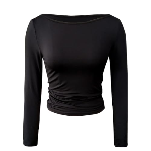 Tops de manga larga para mujer, cuello barco, informal, entallado, liso, básico, para otoño, elegante, tallas grandes, Negro , L