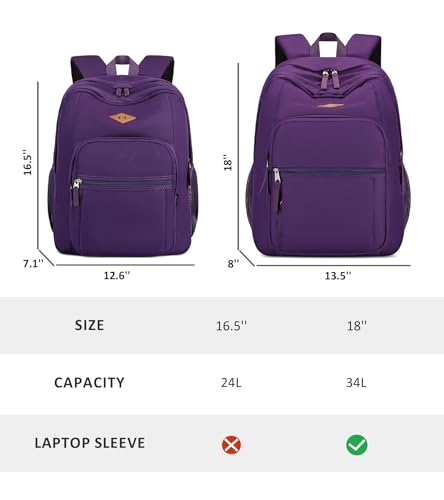 Image of abshoo Girls Solid Color Backpack For College Women Water Resistant Large School Bag (Purple)