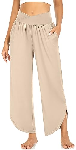 Image of TARSE Women's Wide Leg Yoga Pants Cross High Waist Flowy Split with Pockets | Comfy Lightweight Stretch, Flare Hem Cropped, Loose Dance Pants, Travel & Lounge, Everyday Casual Wear