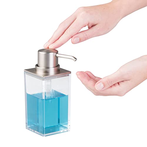 mDesign Rectangle Plastic Refillable Liquid Soap Dispenser Pump Bottle for Bathroom Vanity, Countertop, Sink - Hold Hand Soap/Sanitizer, Essential Oils, Lumiere Collection, 2 Pack, Cear/Brushed Chrome4