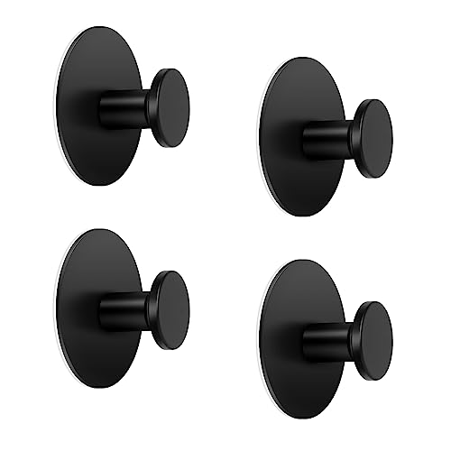 LJLink Modern Adhesive Round Towel Hook - Black Stainless Steel Wall Mount, No Drilling - for Kitchen, Bathroom, Storeroom (4pcs)