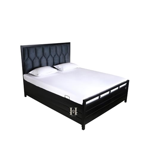 Image of Furniture Hydraulic Storage Bed Queen Size | Heavy Duty Metal Double Bed Cot with Box Storage | Iron Platform Bed Frame | Without Mattress | Black Matte (Queen Size 6X5)