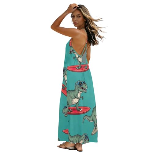 Robe longue dinosaure vert et dos nu pour vos soirées d'été à la plage
