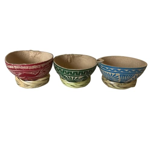 EMPORION Mezcal Jicaras Set of 3 Hand-carved Artisan Copitas from Mexico with Natural Fiber Carrizo Base for Mezcal and Tequila (3 Oz Colored)