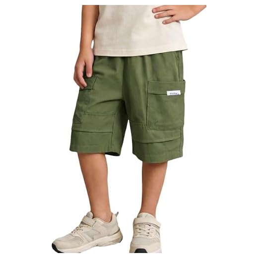 FEOYA Enfant Shorts Cargo avec Poches Bermuda Confortable Garçon Pantalon Court Baggy Été Décontracté avec Taille Élastique Vert Militaire 9-10 Ans