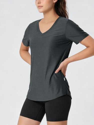 Image of ODODOS Women's Short Sleeve Performance V-Neck Tunic Tops, Ultra Soft odSTRATUM Tech Tee, Side Slit Relaxed T-Shirts