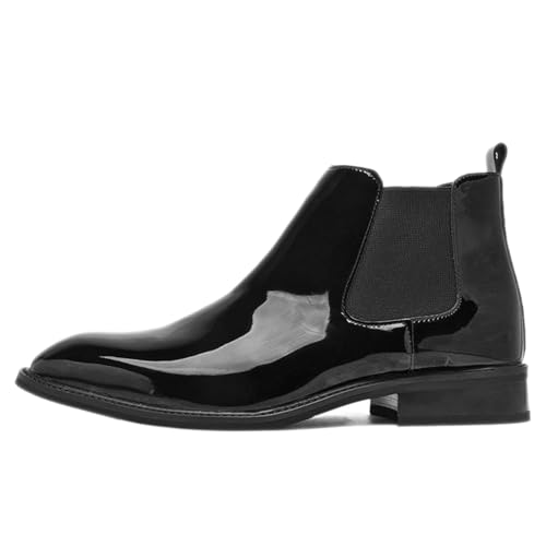 Men's Patent leather Low Block Heel Chelsea Boots Retro Pointed Toe Comfortable Elastic Band Slip On Water Proof Business Ankle Boots for Weddings Dances Dating Work
