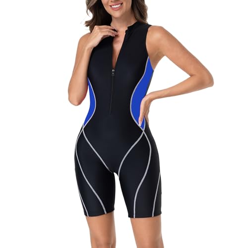 Traje de baño con cremallera integrada para mujer con nueva protección, azul, L