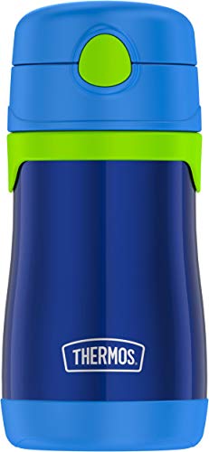 Image of Thermos Baby 10 oz. Stainless Steel Bottle with pop-up straw, Navy with Lime