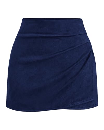 BTFBM Faux Suede Mini Skirts for Women Ruched Wrap Skorts,Navy Blue,L - image 1