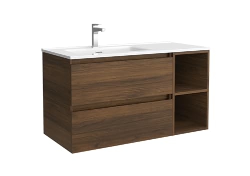 Salgar Mueble de Baño Bequia 90cm + Coqueta 2 Huecos Derecha + Lavabo cerámica | Nogal |90x45x56