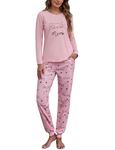 Sykooria Pajama Sets for Women 2 Piece Sleepwear Pj Set Long Sleeve Top & Cute Print Jogger Pants with Pockets Pink XL