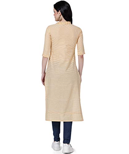 Image of EthnicJunction Women's Pinstripe Cotton Blend Cycle Embroidery with Ruffle Lace Work Straight Kurti