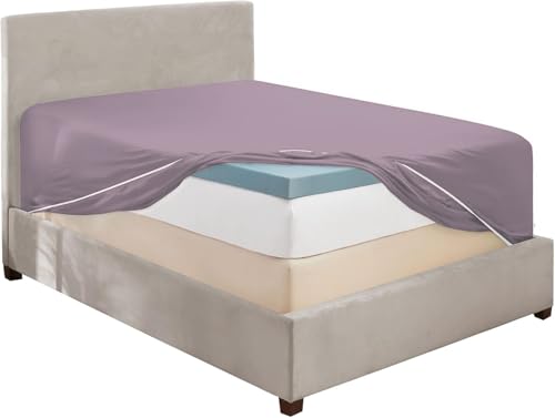 Image of Hearth & Harbor Extra Deep Pocket California King Fitted Sheet - Fits 18 to 24 Inch Mattress - Ultra Soft 1800 Microfiber, Wrinkle-Free & Breathable - Hotel Luxury Fitted Sheet Only, Dusty Purple