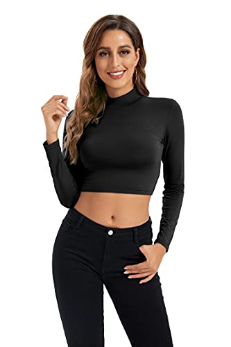 Image of Womens Long Sleeve Crop Tops Lightweight Mock Neck Base Layer Shirts