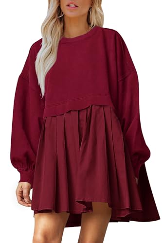 Image of Dokuritu Sweatshirt Dress Women Crew Neck Long Sleeve Patchwork Pullover Tops Flowy Oversized Sweatshirt Mini Dress