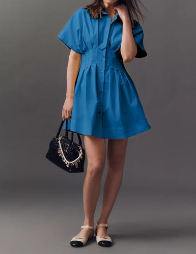 Image of Burtell Summer Button Down Pleated Shirt Dress for Women Striped Print V Neck Short Sleeve Mini Dress Casual Corset Dresses