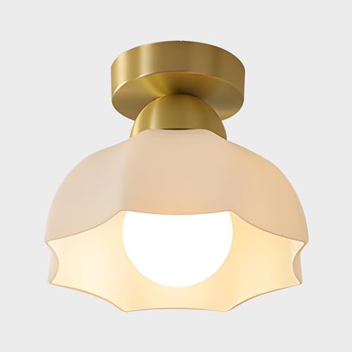 Image of Mid Century Brass Ceiling Light Industrial Glass Hallway Light Fixtures Retro Vintage Semi Flush Mount Close to Ceiling Light for Entryway Bathroom Foyer, Dome, White, X8022-Father