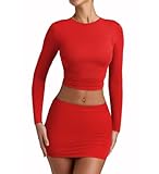 YFANG Women's Sexy Two Pieces Pencil Mini Skirt Set Long Sleeve Crew Neck Crop Top Short Bodycon Skirt Outfits Red Medium