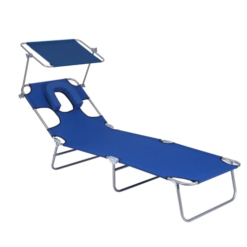 Silla de playa plegable con toldo, tumbona de bronceado ajustable de 4 posiciones, parasol portátil con agujero facial, ideal para patio al aire libre, césped, piscina, camping, terraza, color azul