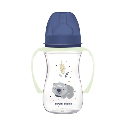 Canpol babies EasyStart - Botella anticólicos de 240 ml con tetina 3+m- Colección Sleepy Koala-con asas brillantes, color azul