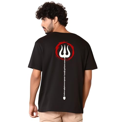 Image of prabhu bhakti Men's Oversized Mahadev Trishul Printed BlackT-Shirt |Back Print Drop Shoulder Pure Cotton Oversized Tshirt for Men