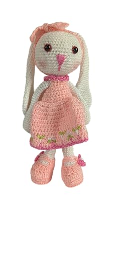 DISELIO Peluche Amigurumi Conejito Nilo Blanco con pantalon azul y gorro rojo (Amig-Conejo-Nilo-Bl-Az) (Conejita Nina)