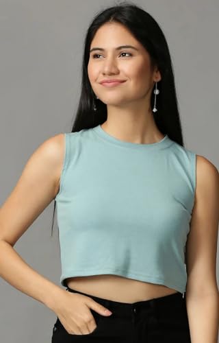 Image of SHOWOFFFF Women Solid Casual Top | Round Neck Sleeveless Cotton Top's for Womens | Regular Fit Crop Tops for Women's