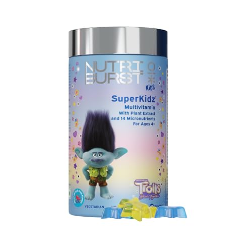 Nutriburst Super Kidz Trolls Gummies - 14 Essential Vit & Mins for Growth & Immune Support - Sugar-Free, Gluten-Free, Mixed Fruit Flavor, Chewable, Vegan - For Kids Aged 4+, 60 Gummy