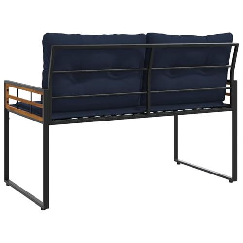 Banco de madera de acacia con cojín azul marino y patas ajustables de 114cm 7