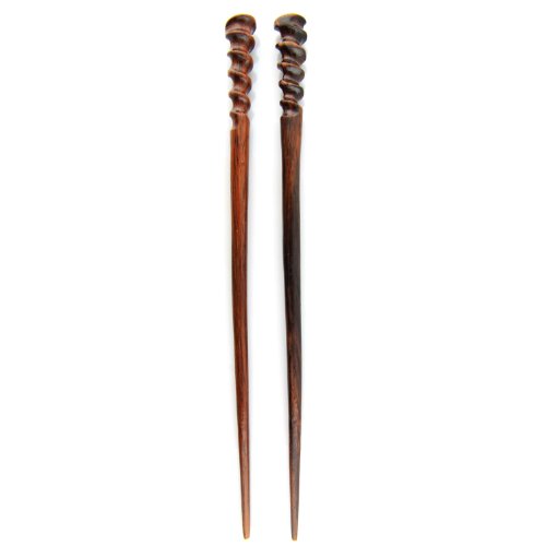 Natural Hair Pin Chopsticks - Pair of Spiral Hair Sticks for Women and Men - Hand Carved Wood Styling Pin Set - Fine Cut Spiral - 7.5 Inches Long