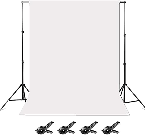 Backdrop Stand with White Backdrop，White Backdrop Stand，White Photo Backdrop with Stand， ​100% Polyester White Cloth 6x9 feet Adjustable 8.5x10 Photography Stand 4 Clips