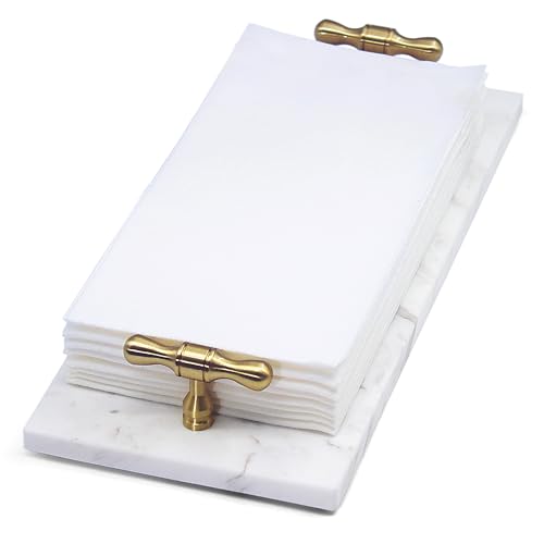 LIN CHUAN Marble Napkin Holder, Guest Towel Holder Tray, White Marble Tray for Bathroom & Kitchen Countertop with Brass Handles, Decorative Bathroom Napkin Holder for Home Decor