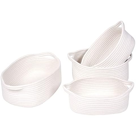 MINTWOOD Design Set of 4 Cotton Rope Nesting Baskets, Decorative Woven Nursery Baskets, Cute Closet Baskets and Bins for Shelves, Table Basket Organizers for Small Accessories, White Cover
