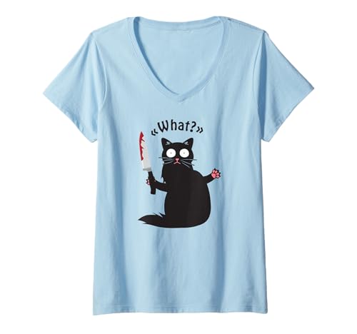 Mujer Cat What? Divertido gato negro camisa divertido gato asesino con cuchillo Camiseta Cuello V